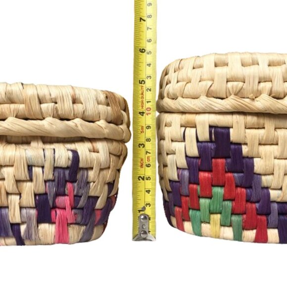 Two piece colorful raffia woven nesting basket container set with lids - Picture 8 of 16